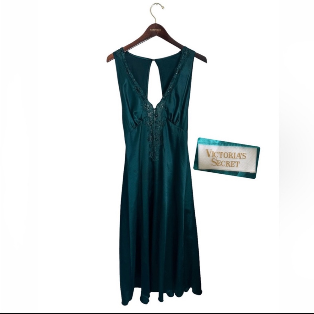 Vintage 90s Green Satin & Lace Maxi Slip Dress Sz Small Victoria’s Secret